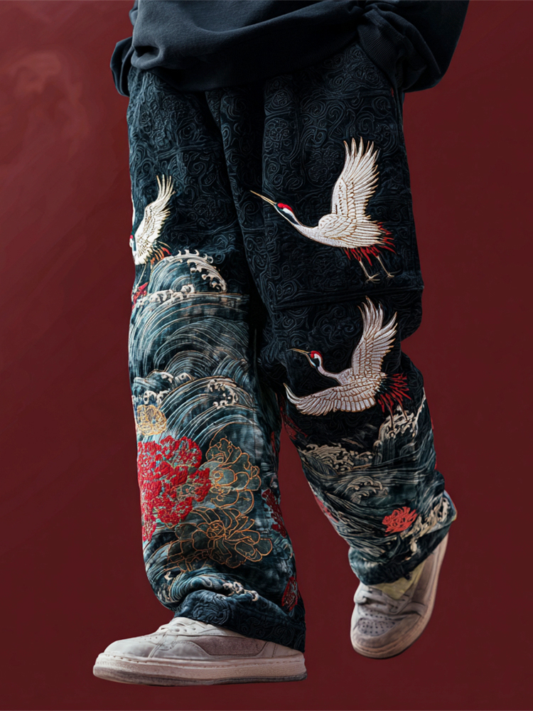 Japanese Ocean Crane Art Men's Casual Pants
