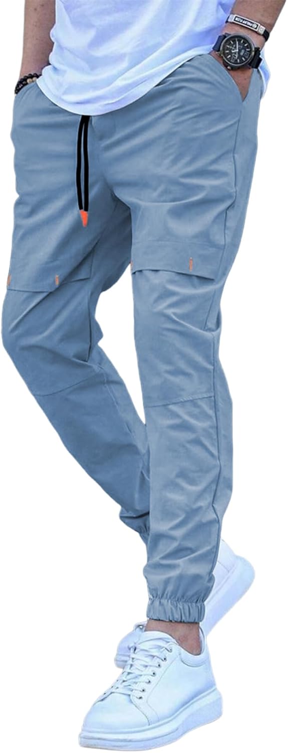 Mens Casual Basic Pants Multi-pocket Slim-fit Stretch Elastic Waist Drawstring Pants Tapered for Men