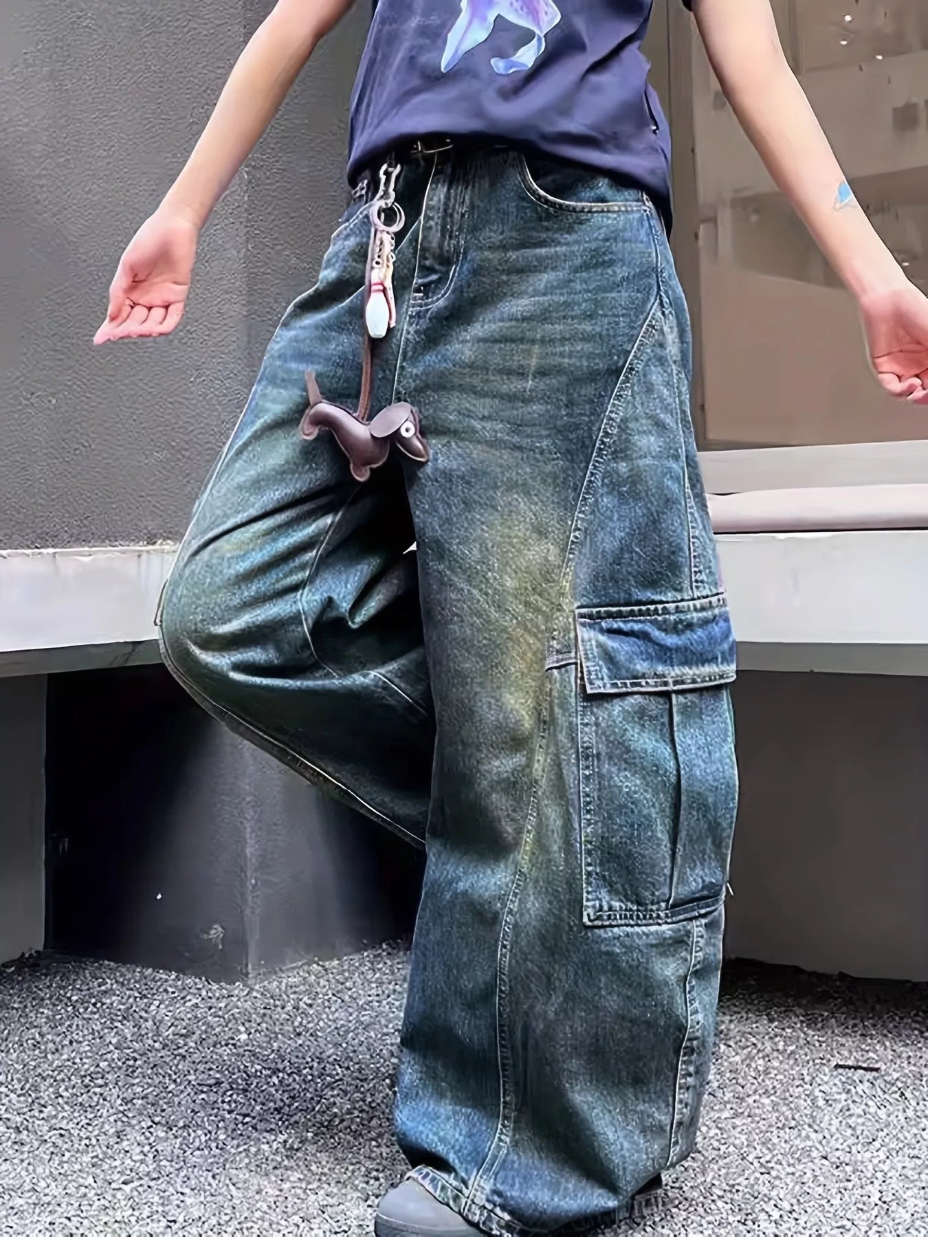 Vintage Wash Wide Leg Cargo Jeans
