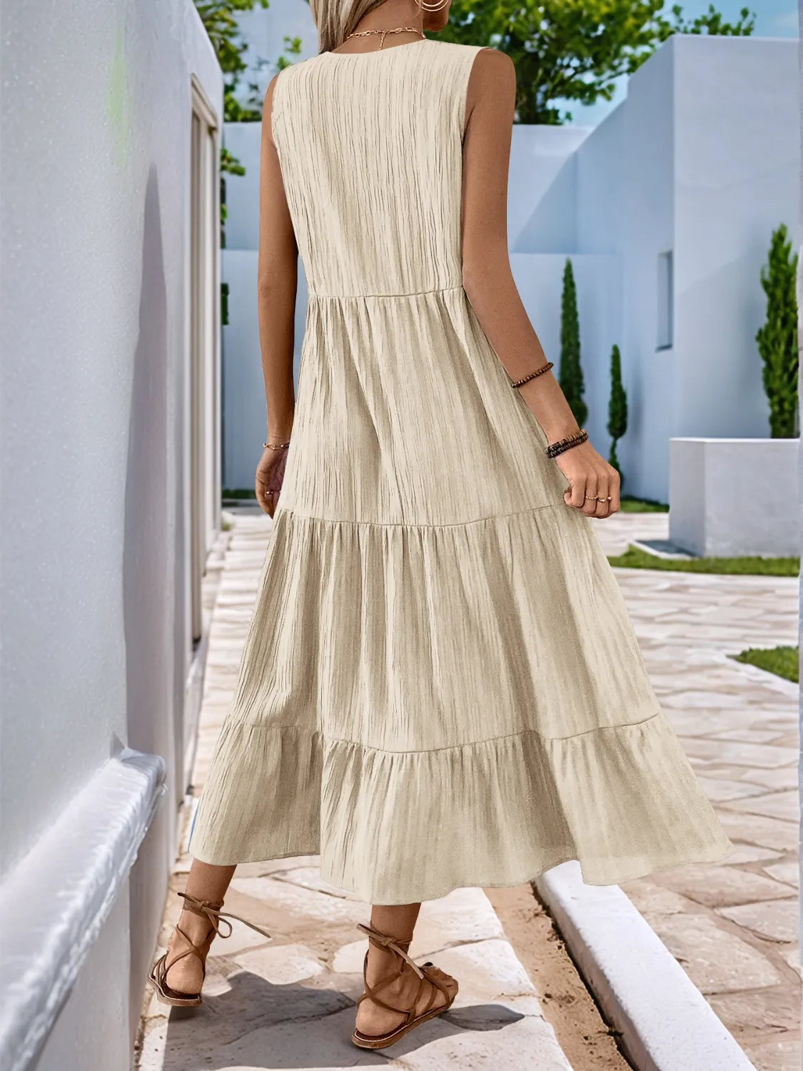 Notched Sleeveless Midi Tiered Dress