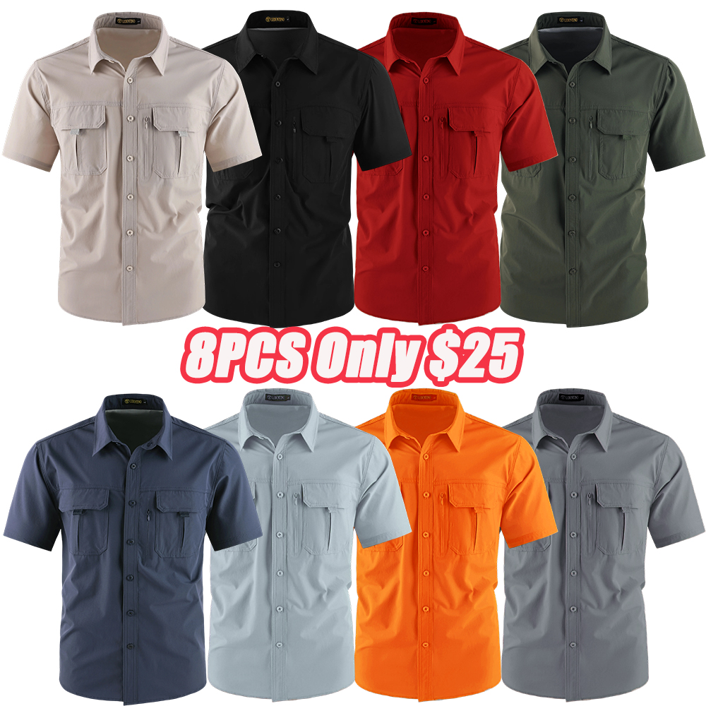Men's American-Style Solid Color Shirt with Hidden Ventilation Holes Casual Summer Beach Nylon Shirt High-Quality Fabric Short Sleeves Button Closures
