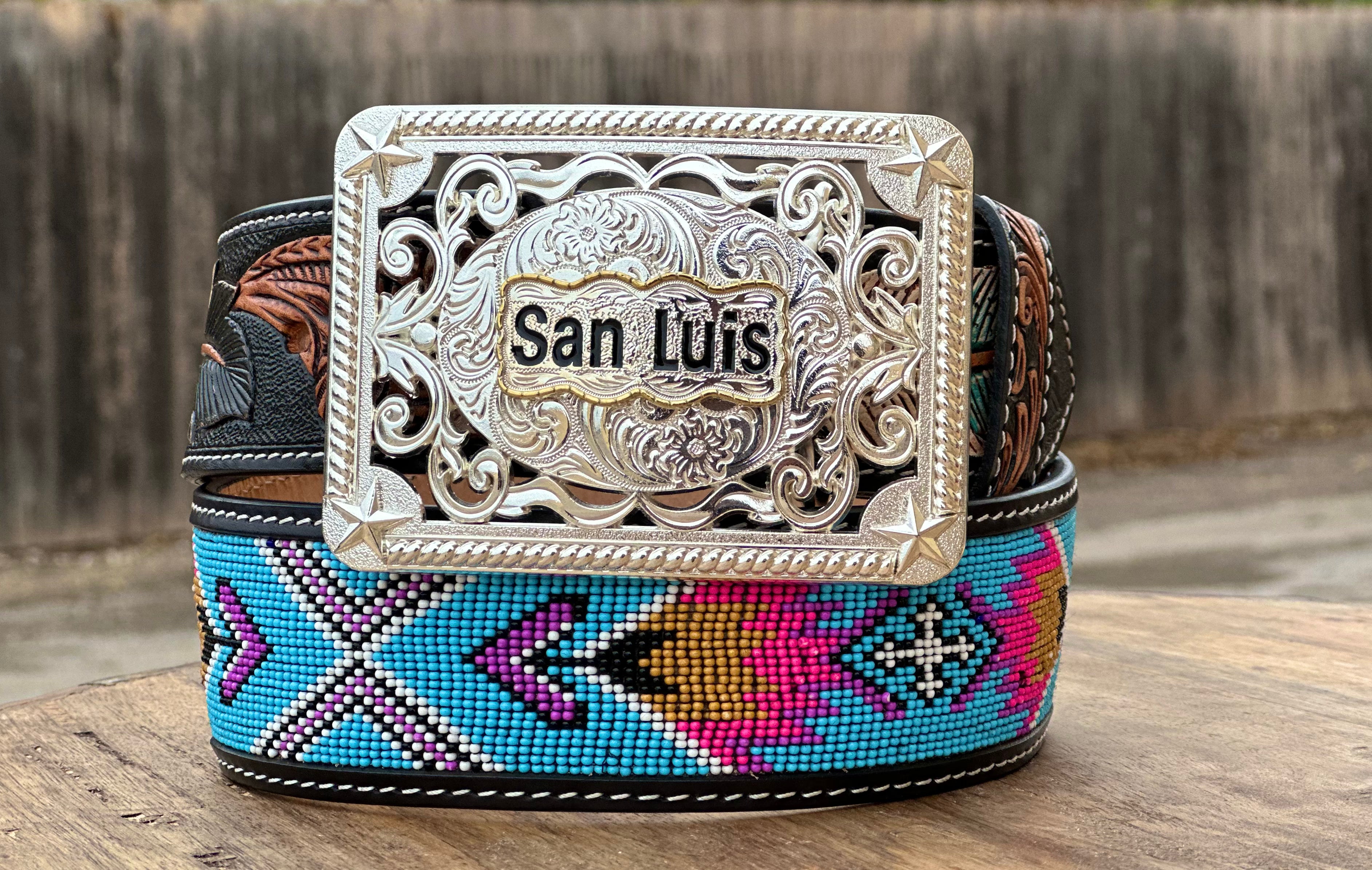 Hand-Tooled Artesanal Tabs With Blue and Pink Beaded Leather Belt