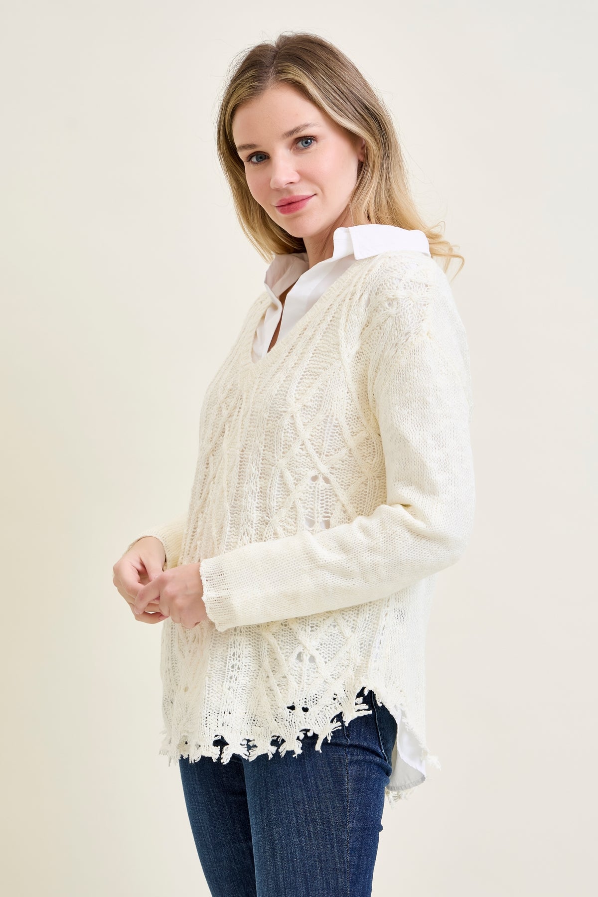 Cable Front Fringe Pullover White Sweater
