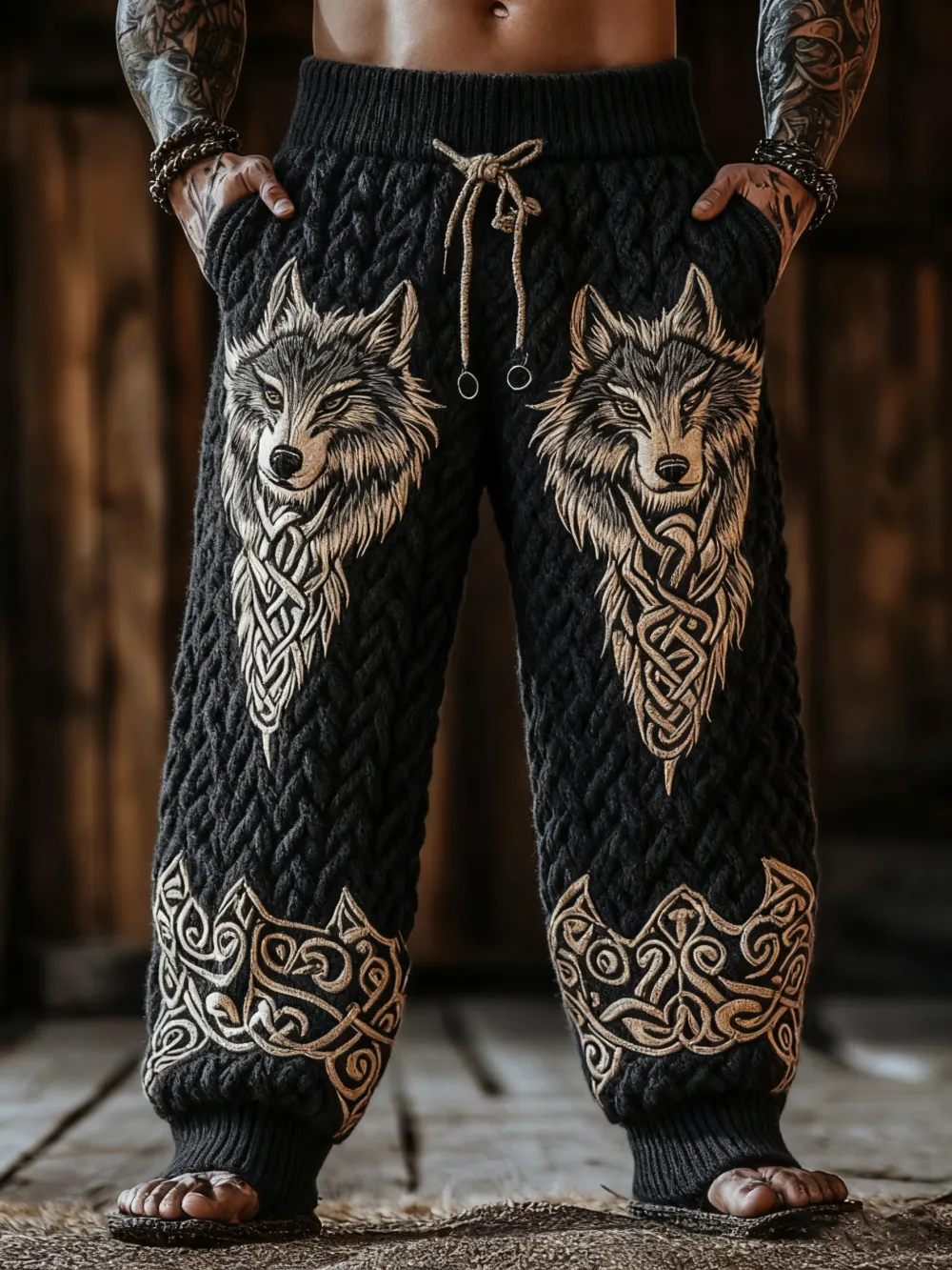 Men's Viking Celtic Knot Wolf Art Wide Leg Warm Knit Pants