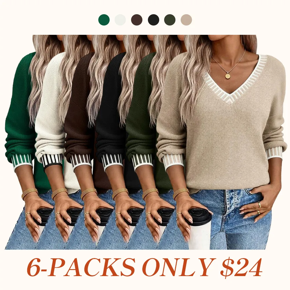 Womens Sweaters Long Sleeve V neck Warm Pullover Knit Tops