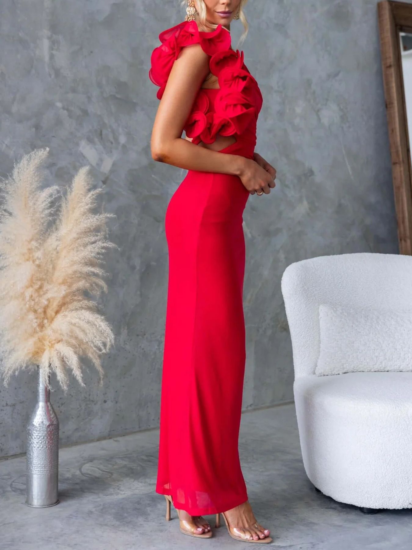 One-Shoulder Floral Trim Sleeveless Maxi Dress