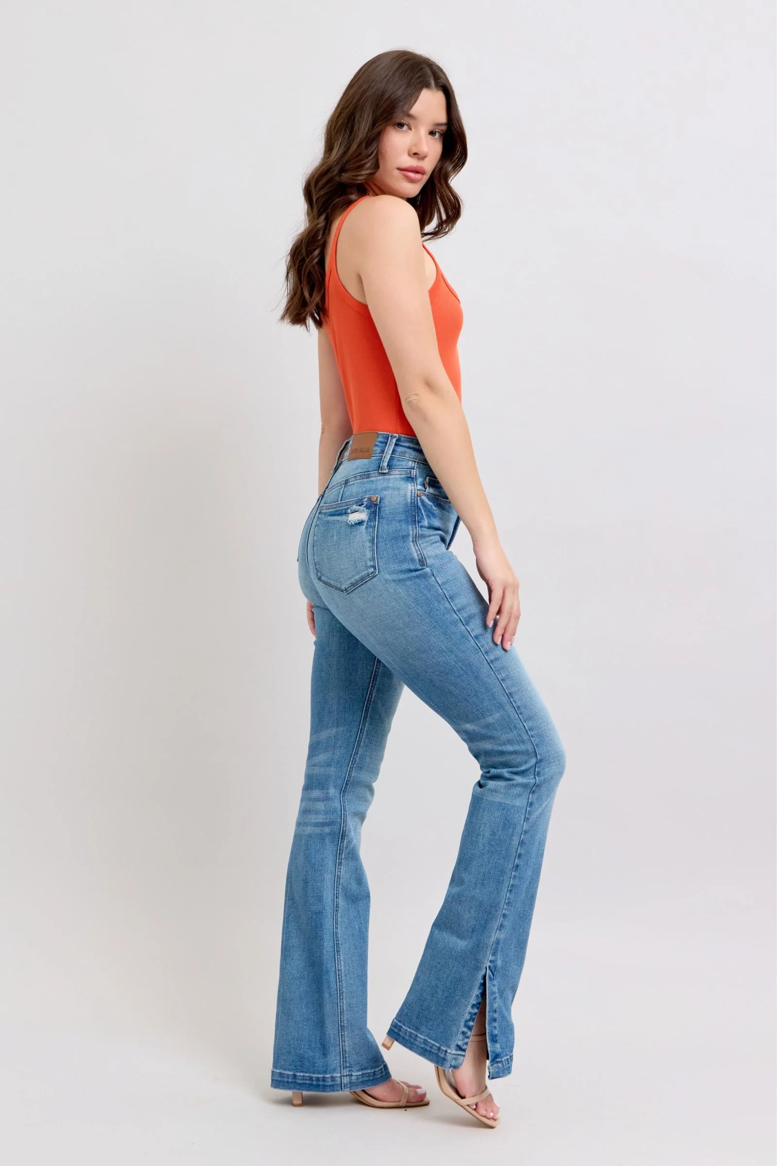 Blue Full Size High Waist Tummy Control Vintage Wash Side Slit Slim Boot Jeans