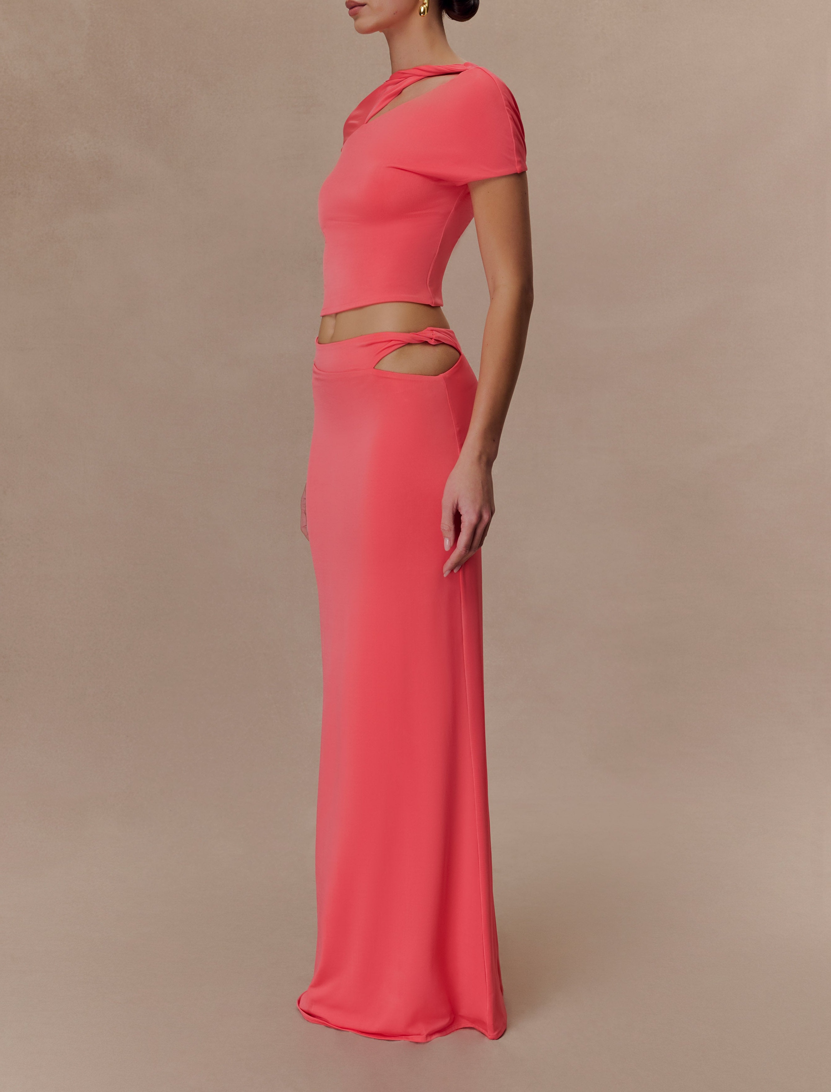 Coral Slinky Twist Midi Skirt