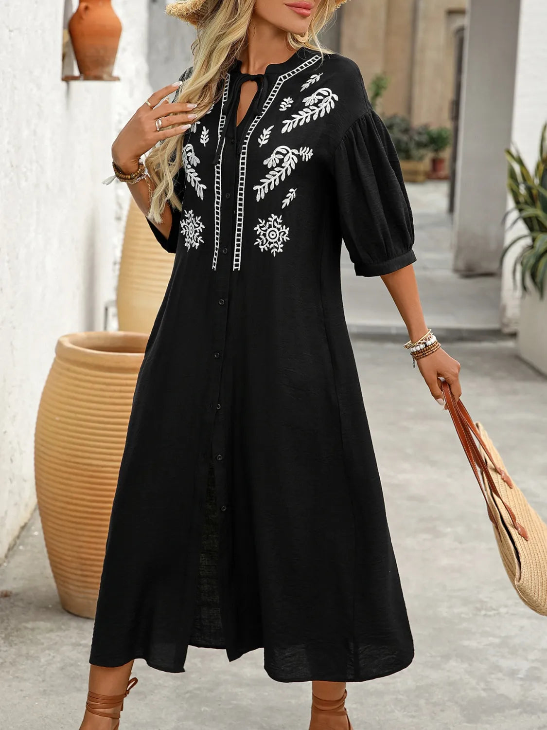 Embroidered Notched Half Sleeve Midi Dress