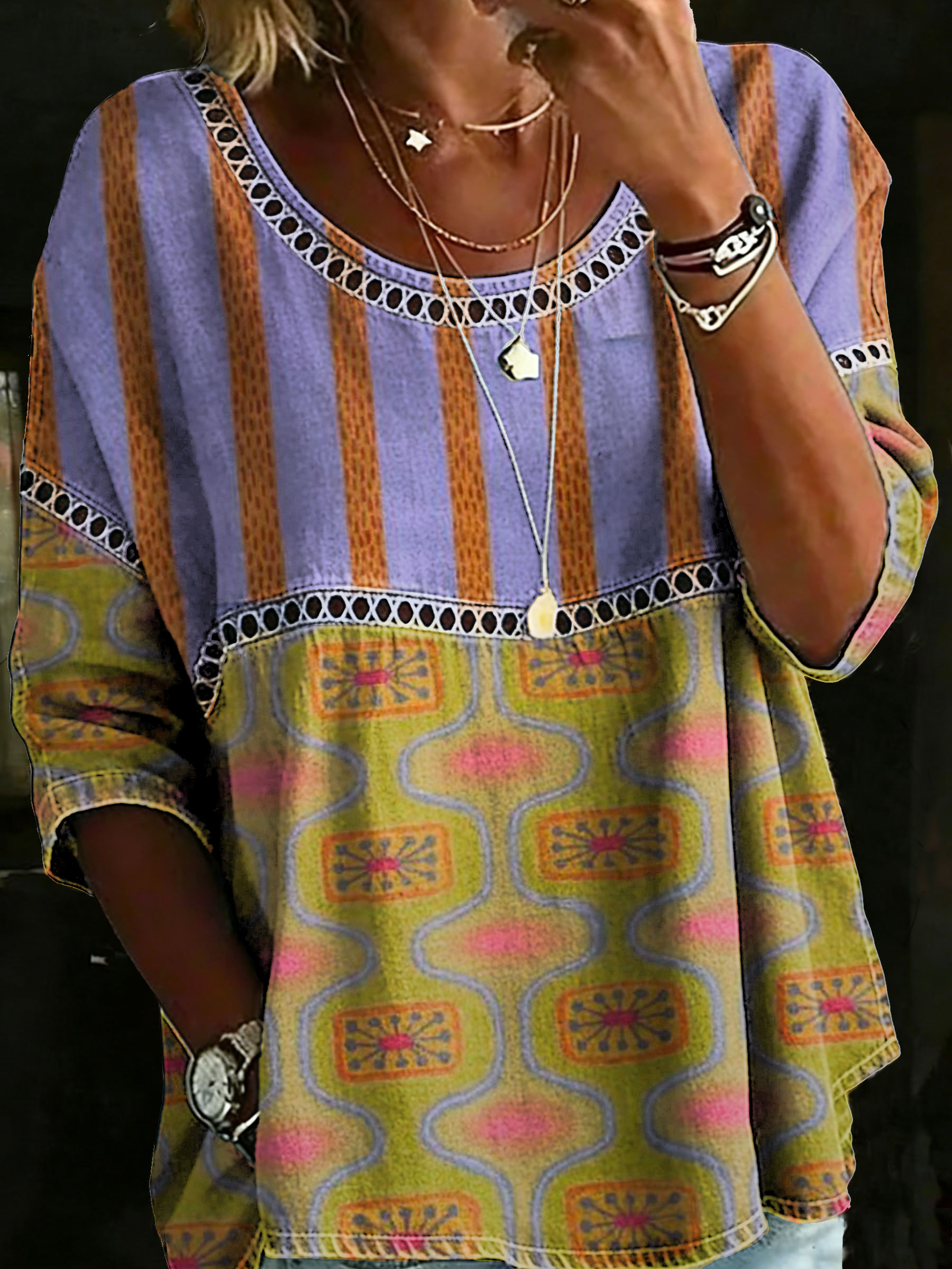 Women's Vintage Abstrct Casual Loose Denim Blouse Shirt