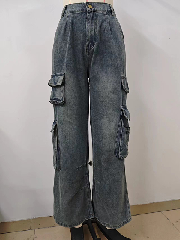 Pleated Pockets Split-Joint Loose Jean Pants Bottoms