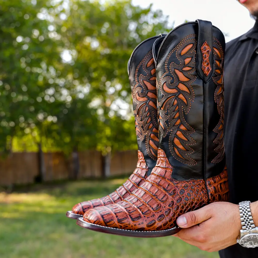Cognac Caiman Hornback Leather Boots - Square Toe