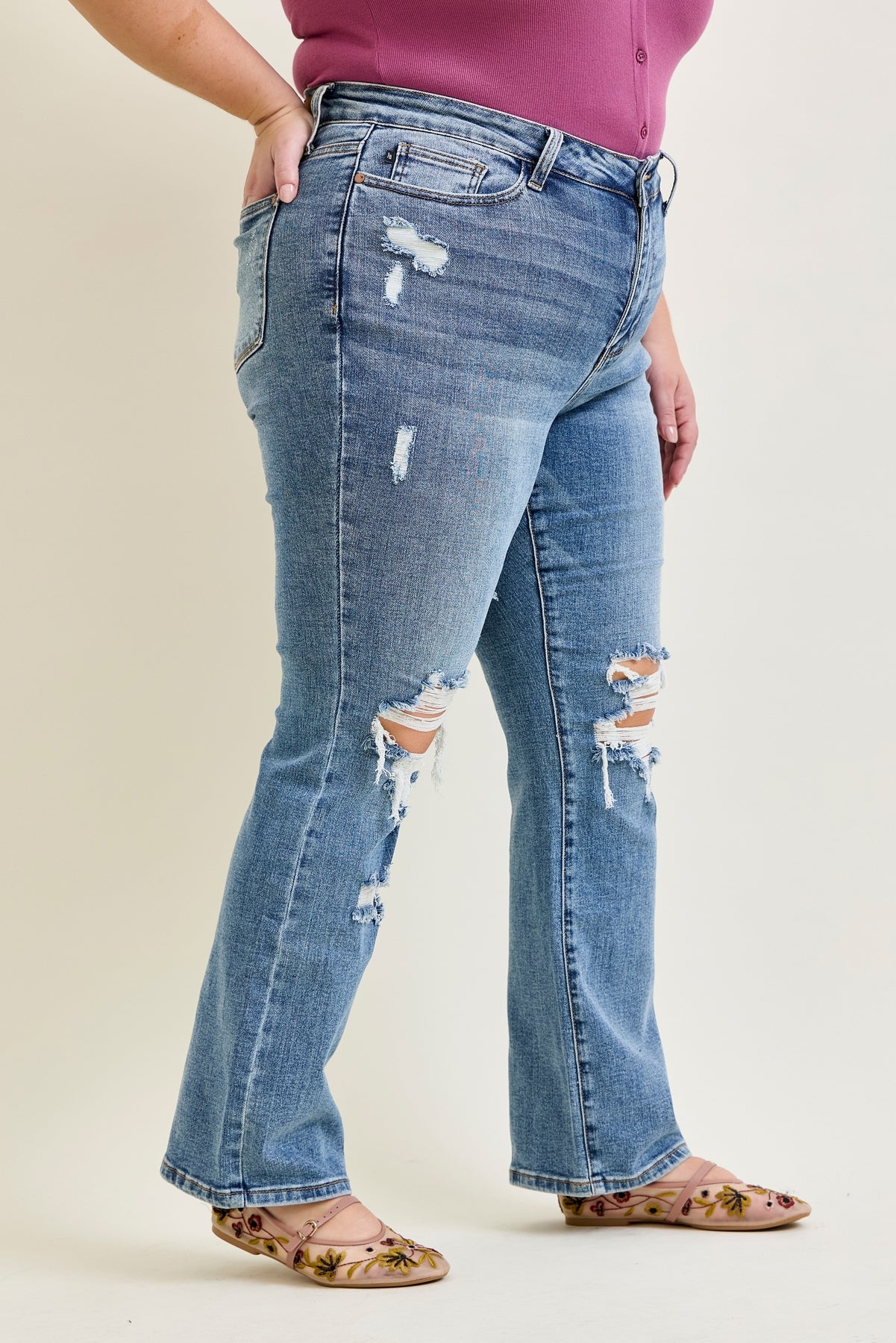 Daisy Stone Wash Ripped Bootcut Jeans - PLUS