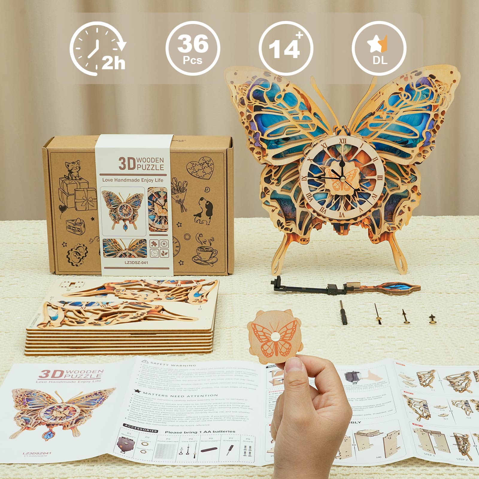 Butterfly â€“ DIY Wooden Clock, 3D Puzzle Craft Kit