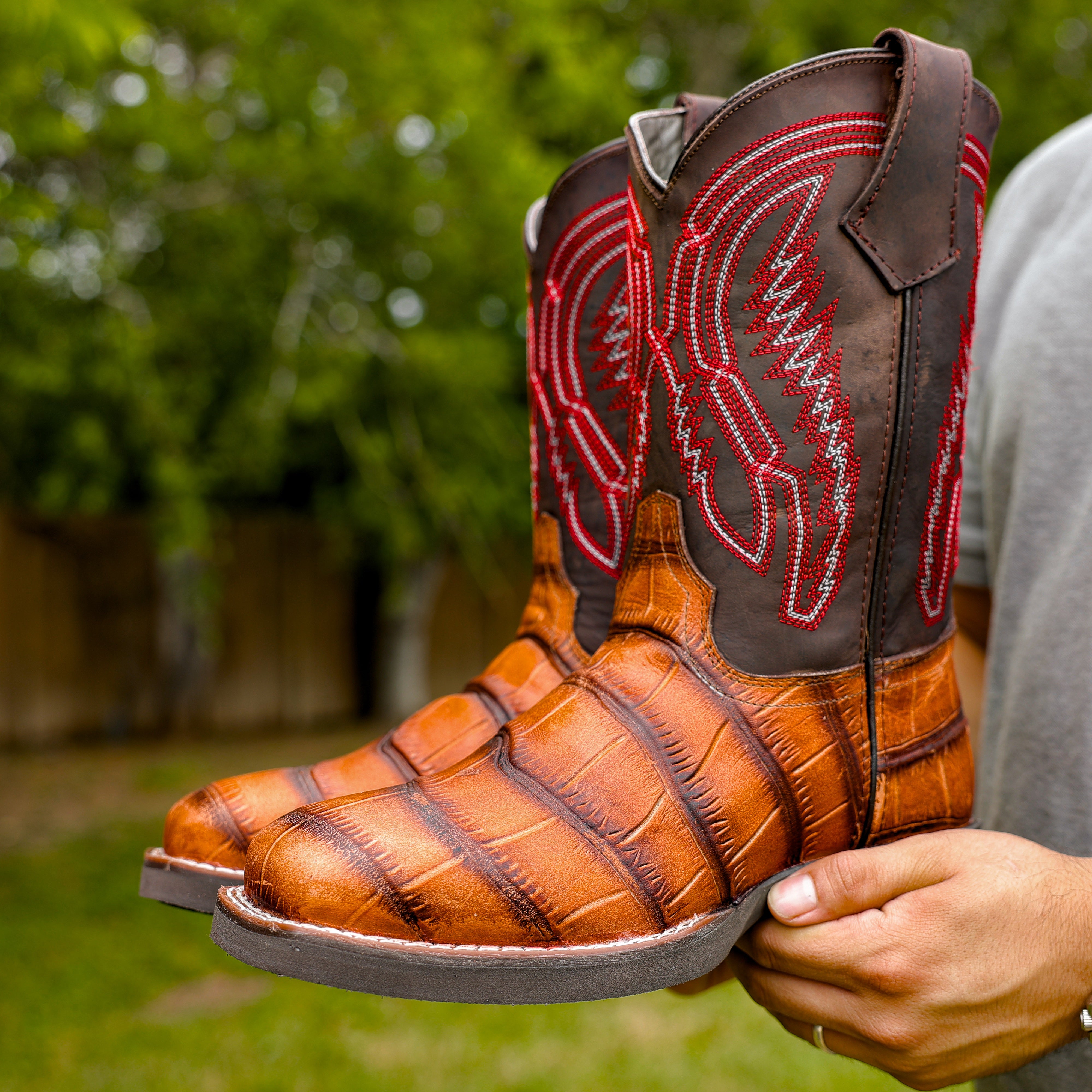 Cognac American Gator Belly Leather Boots With Lightweight Soles - Square Toe