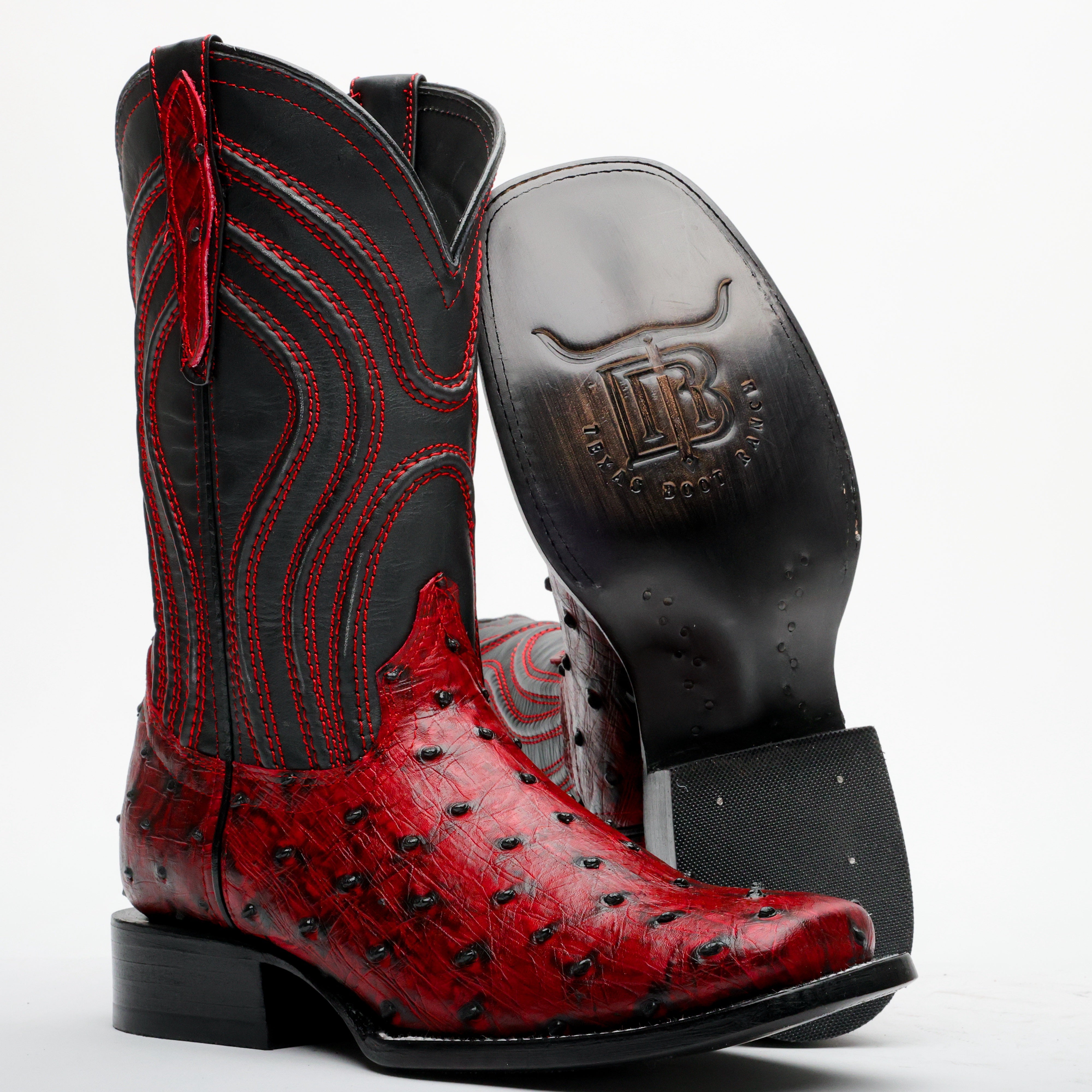 Black Cherry Ostrich Leather Boots - Square Toe