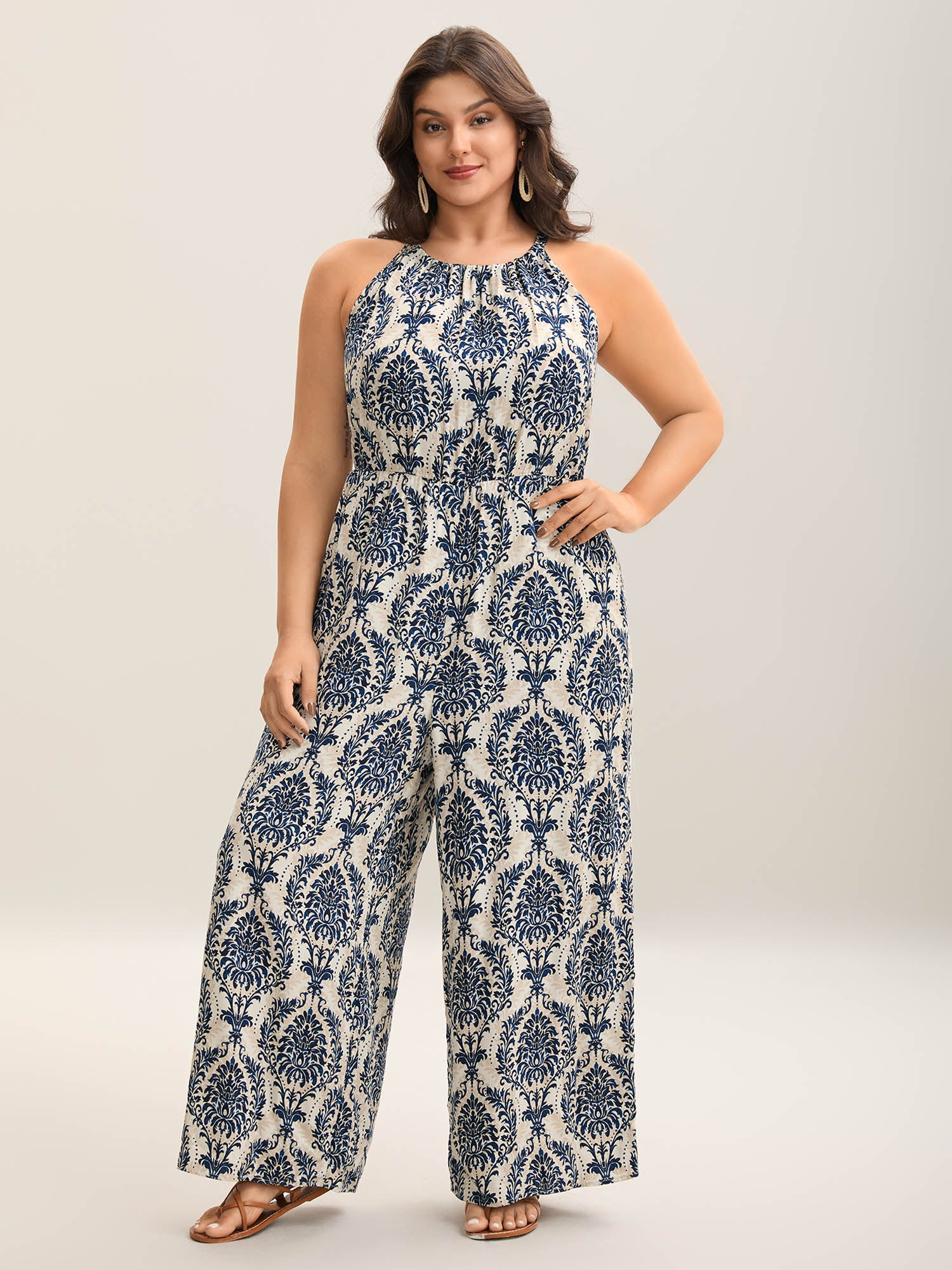 Rayon Damask Print Stretchy Waist Jumpsuit