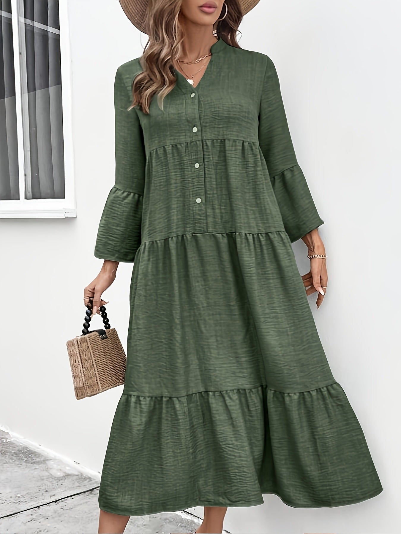 Button Front Tiered Midi Dress