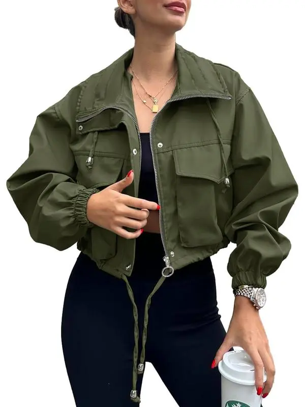 Women's Solid Zip Up Crop Jacket