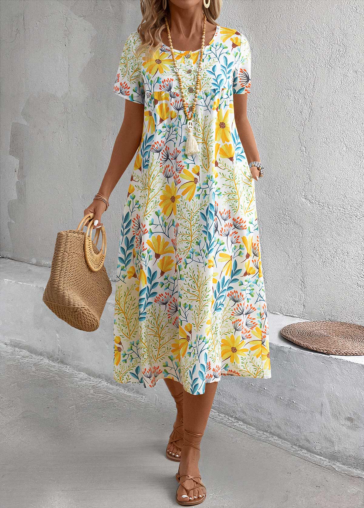 Yellow Pocket Floral Print A Line Short Sleeve Dress