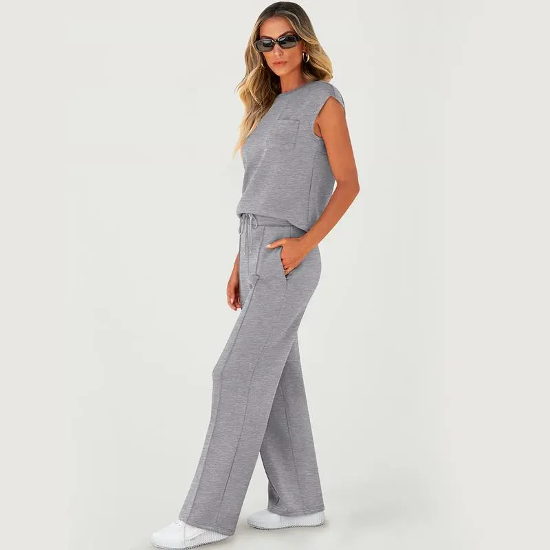 Women's 2 Piece Sleeveless Lounge Set – Casual Summer Tracksuit with Wide Leg Pants, Comfy Matching Outfit for Vacation & Everyday Wear