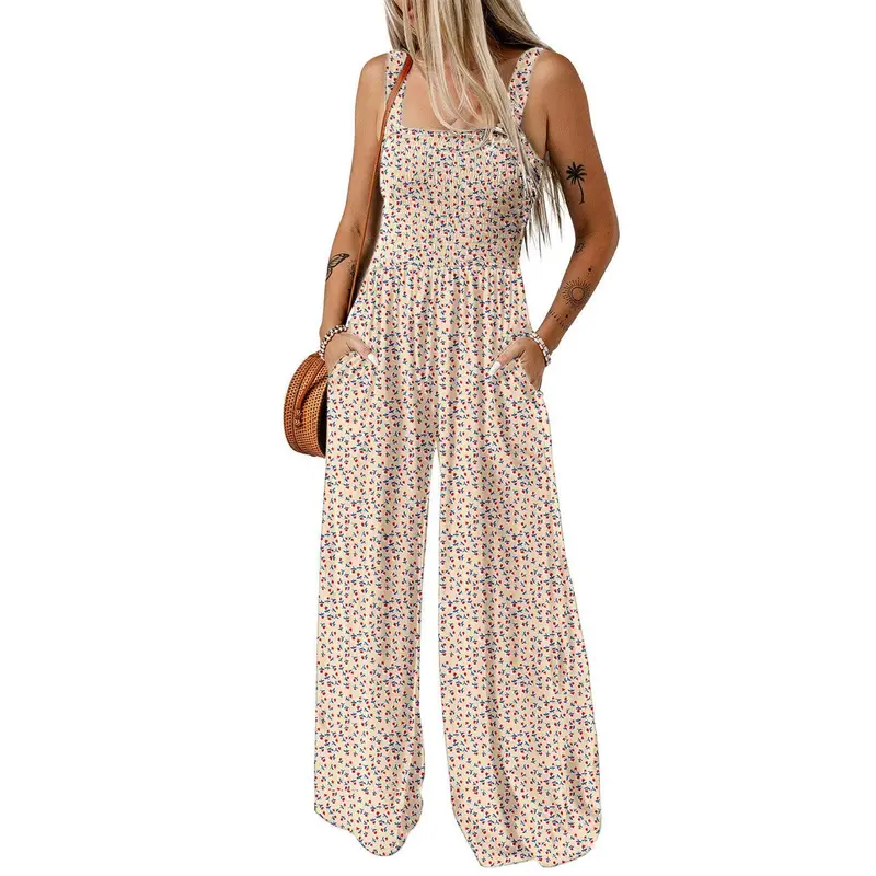 Women's Casual Loose Overalls Jumpsuits One Piece Sleeveless Printed Wide Leg Long Pant Rompers With Pockets Bohemian Womenswear