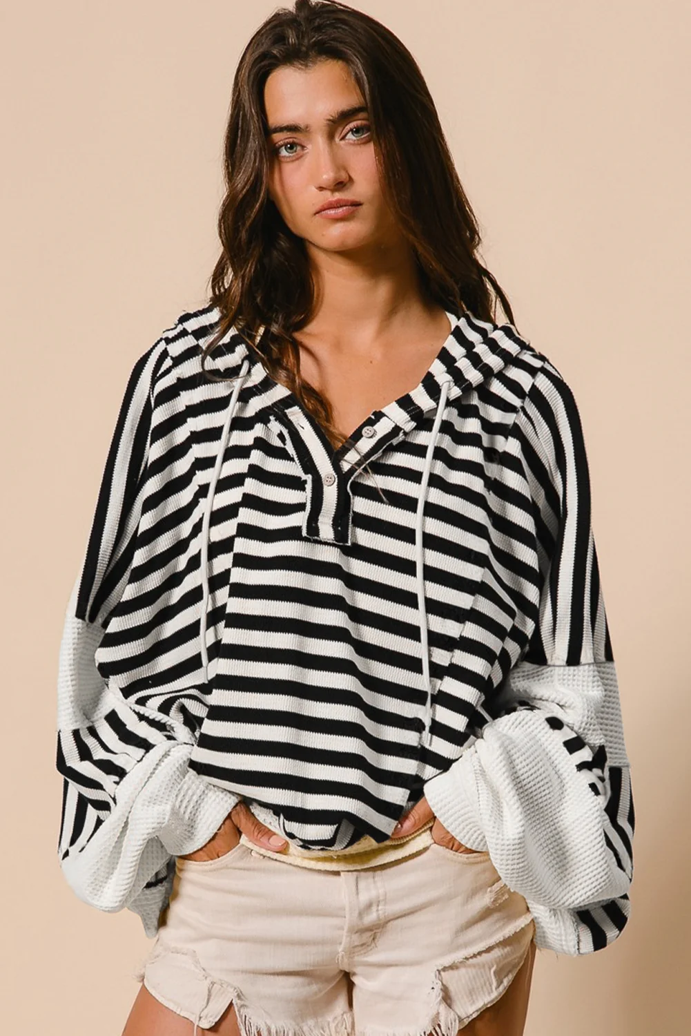 Oversized Striped Henley Buttons Dolman Sleeve Hooded Top