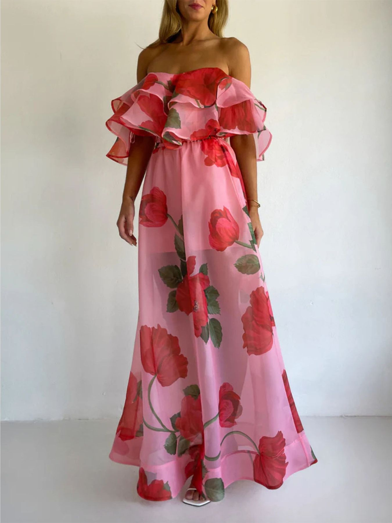 Polka Dot Ruffle Crop Top and Maxi Skirt Set