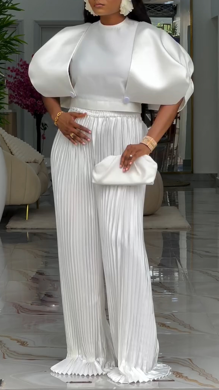 Women Round Neck Patchwork Top+ Pleated Pants Casual Set with Temperament