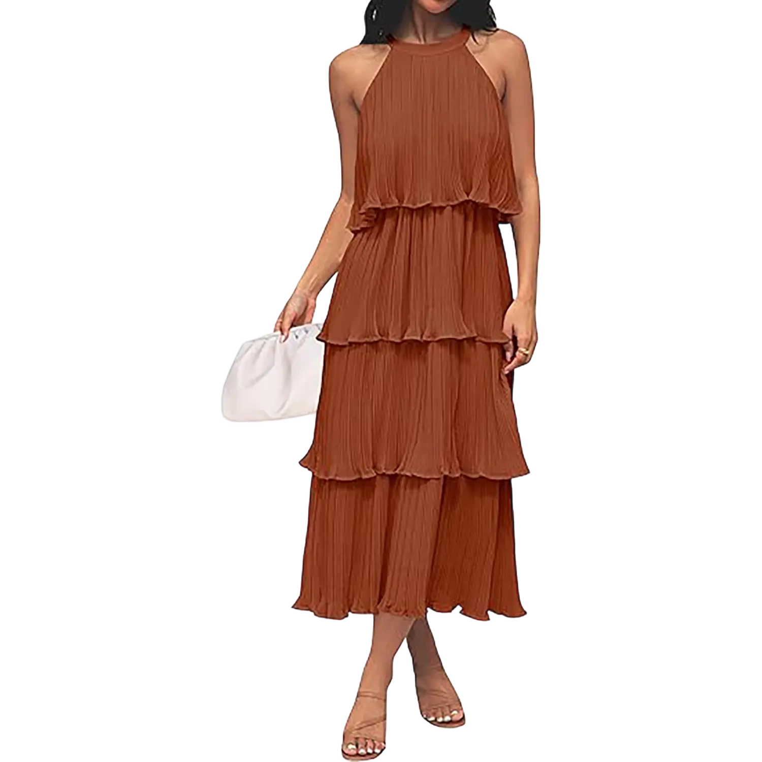 ✨Women's 2026 Summer Sleeveless Halter Neck Ruffle Tiered Layed Chiffon Flowy Swing Long Midi Dress