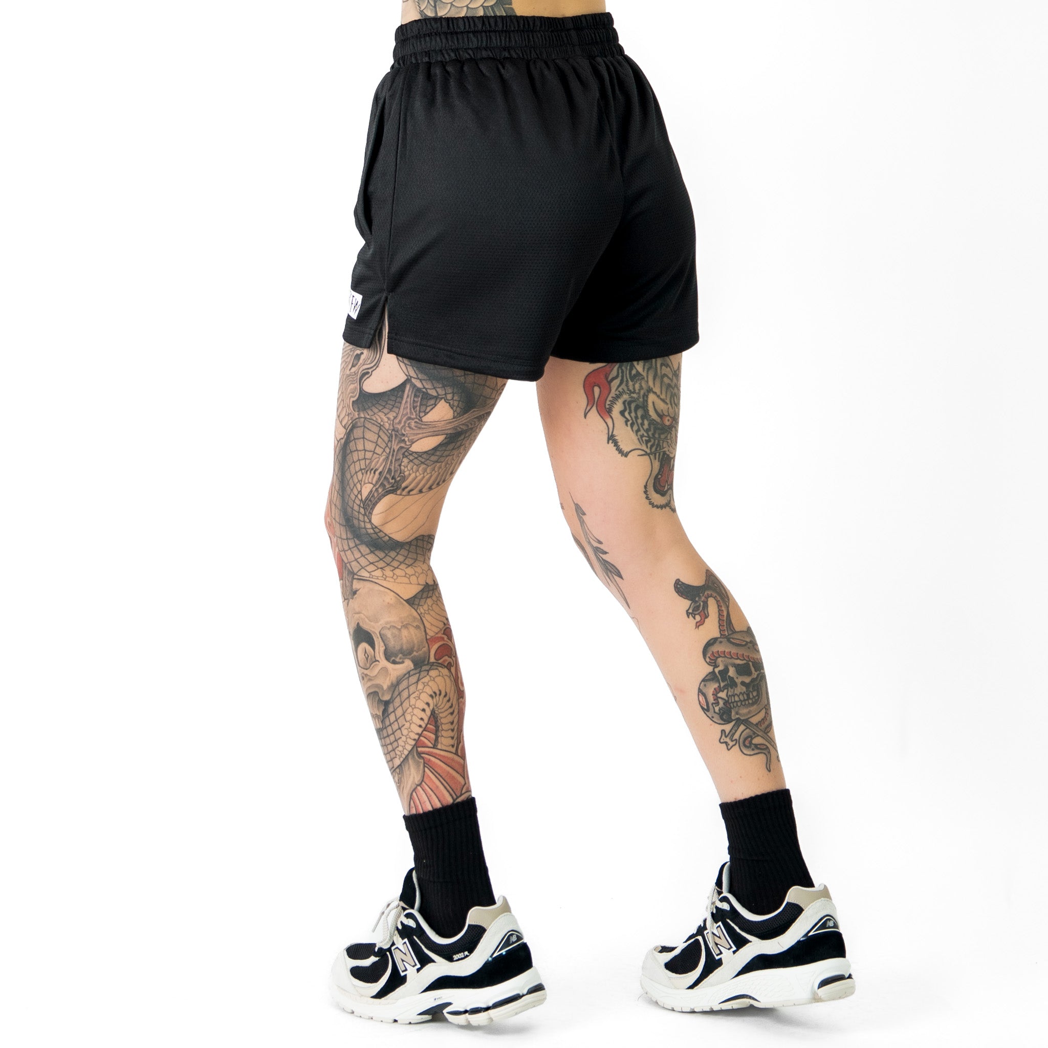 MUAY THAI FLAME SHORTS (MID THIGH CUT) - BLACK / WHITE