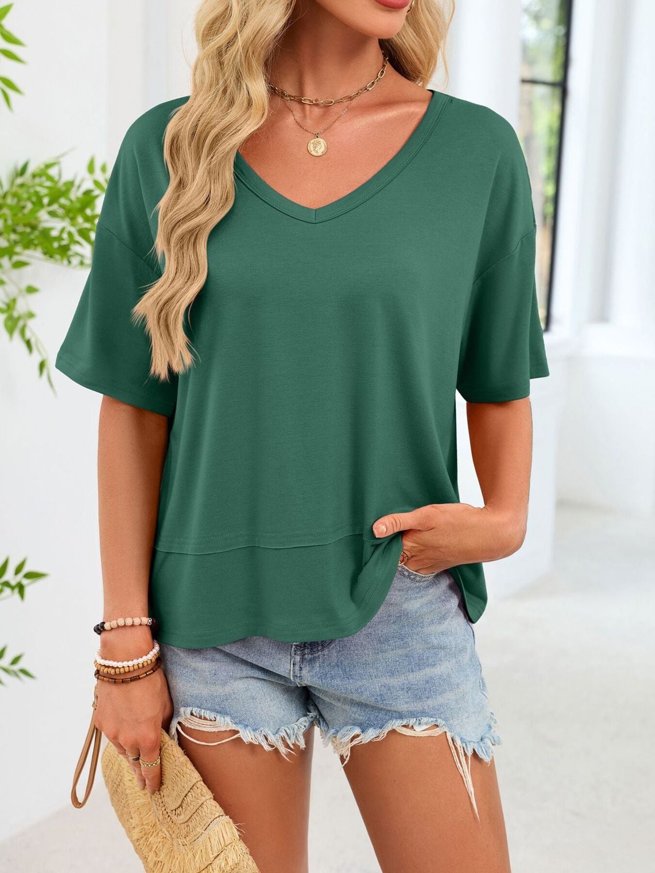 V-Neck Relaxed Fit Solid Color T-Shirt