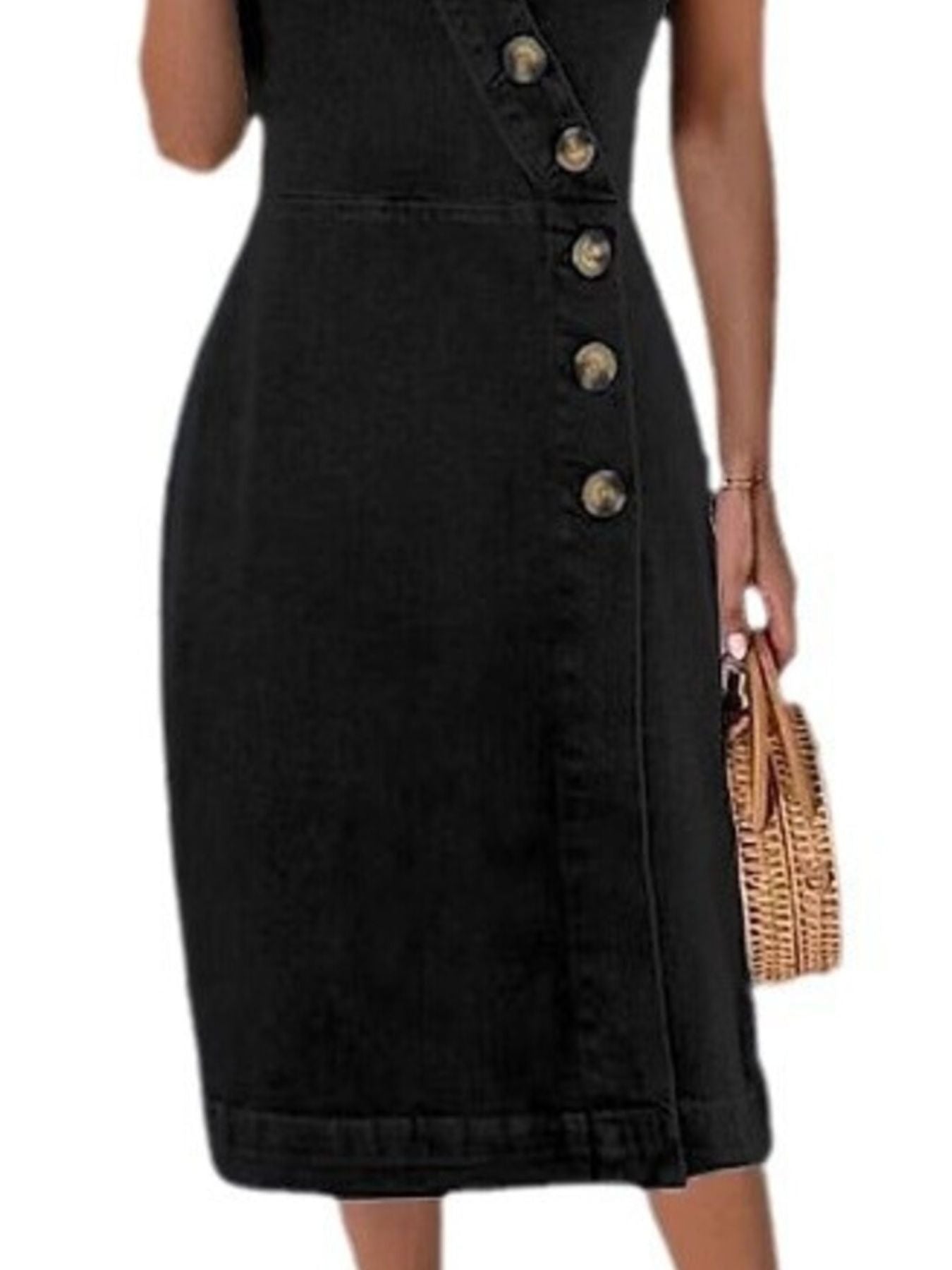 Button-Front Sleeveless Denim Dress