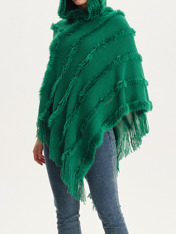 Hooded Keep Warm Solid Color Tasseled Shawl&Cloak Cape