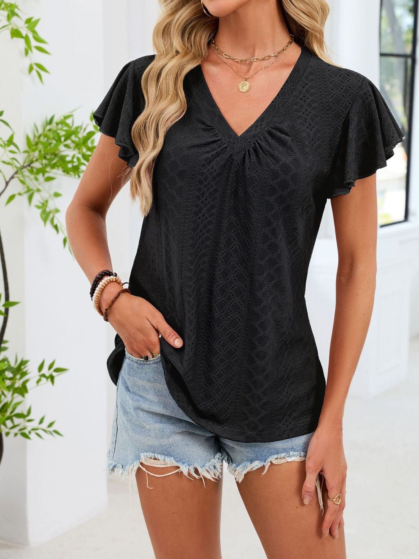V-Neck Flutter Sleeve T-Shirt