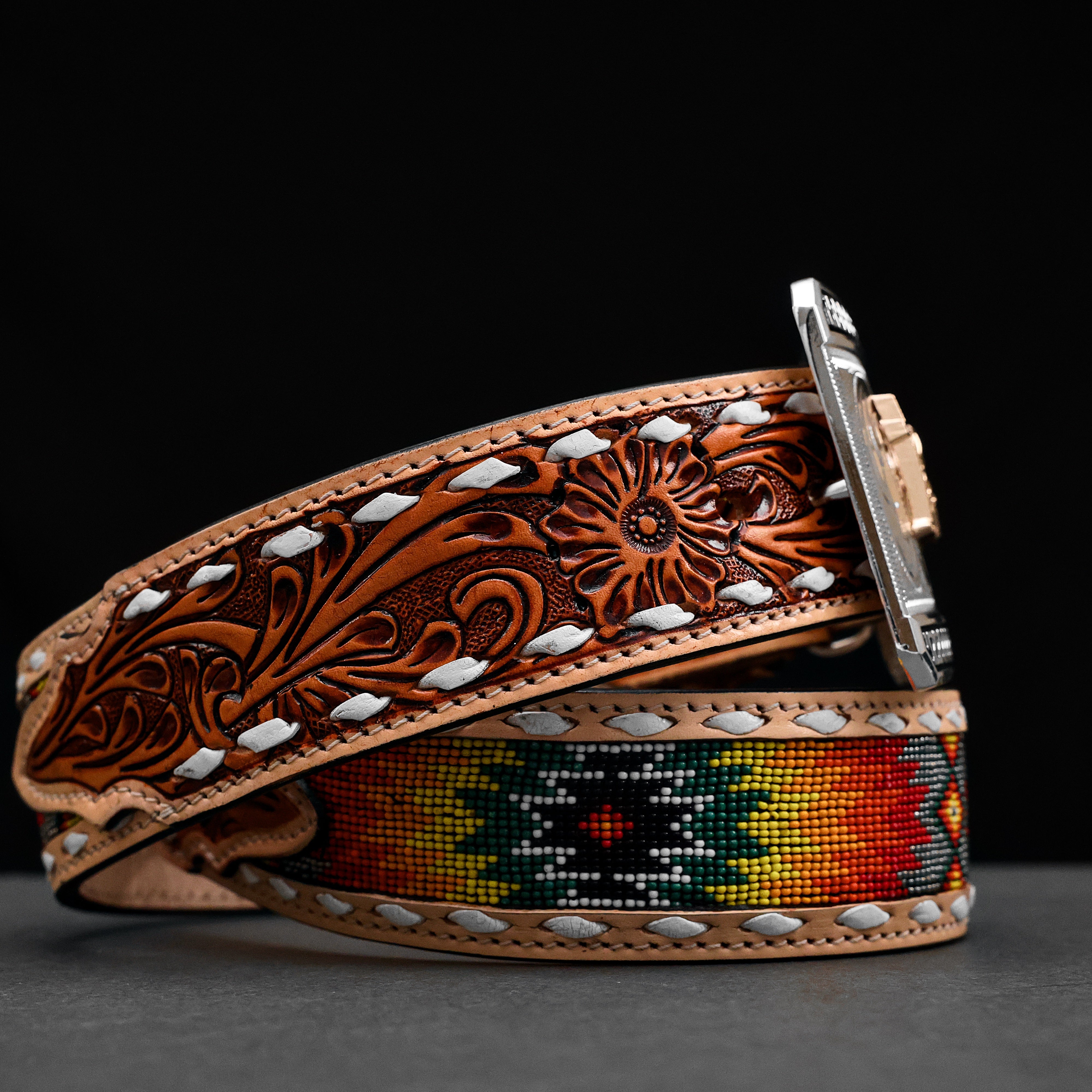 2 Inch Hand-Tooled Artesanal Beaded Leather Belt