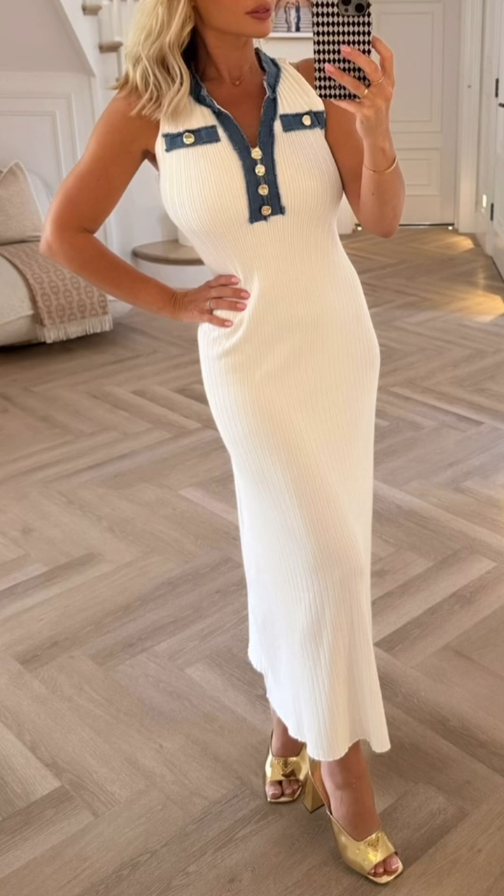 Women's Lapel Denim Collar Knitted Casual Dress