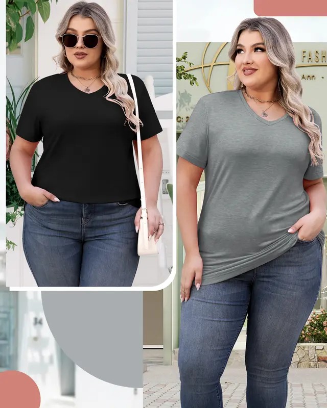 Short Sleeve Shirts for Women Casual V-Neck Plain Tees - Set of 8, Various Color Combinations, Curved Hem Comfort Womenswear