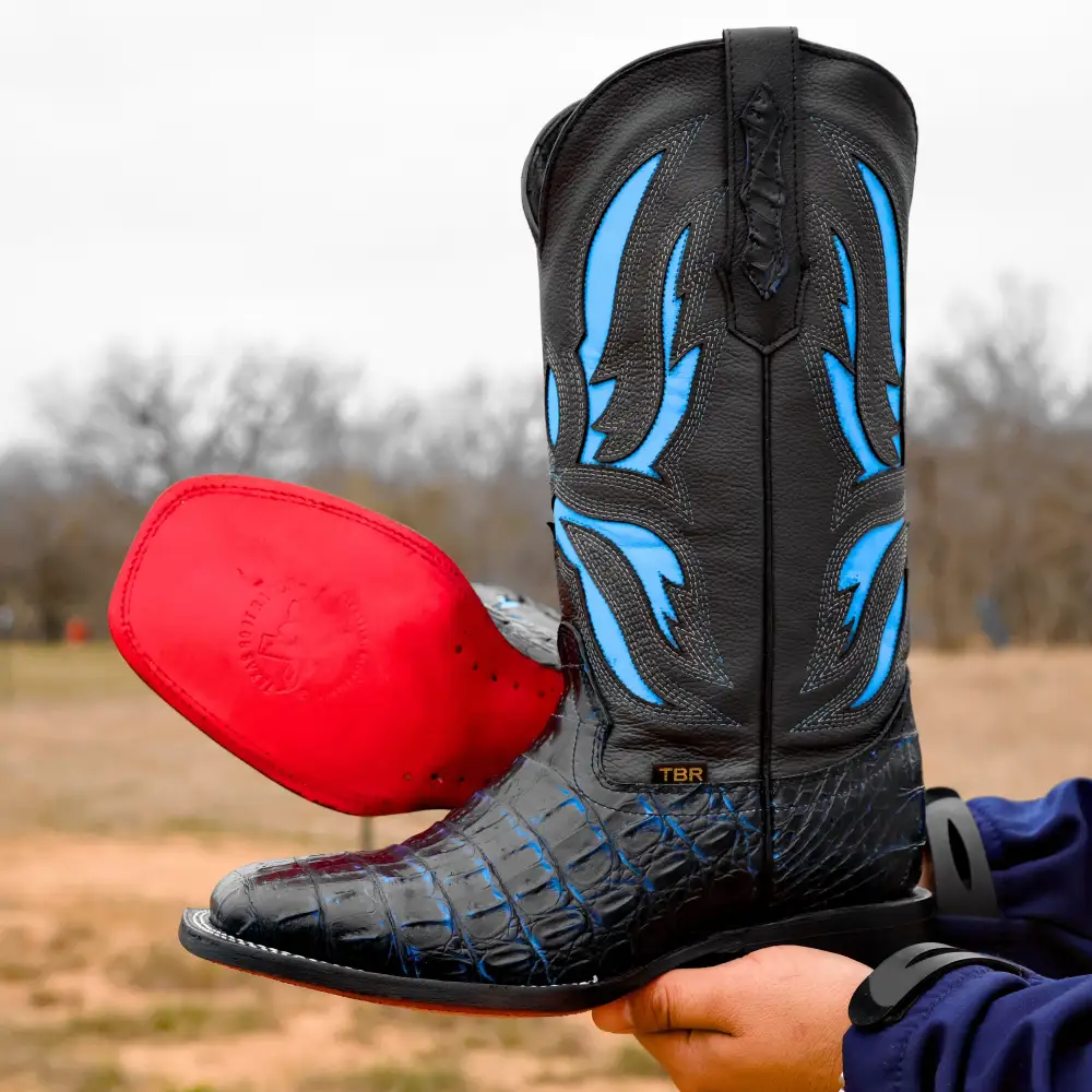 Black/Blue Caiman Hornback Leather Boots - Square Toe