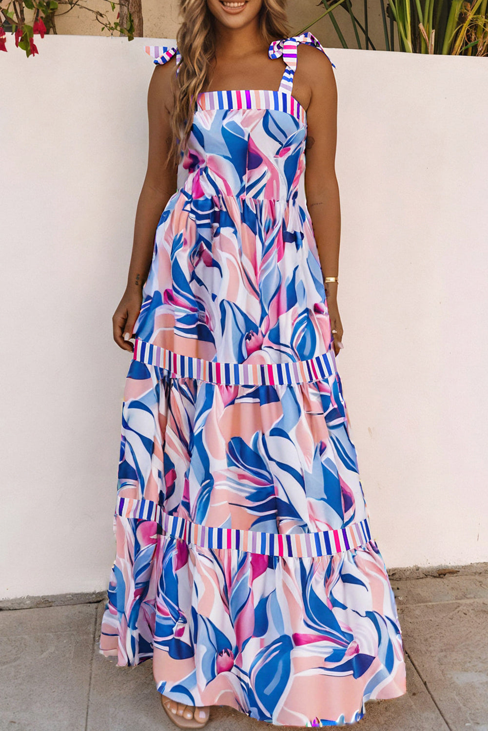 Multicolor Abstract Print Striped Detail Knot Strap Maxi Dress