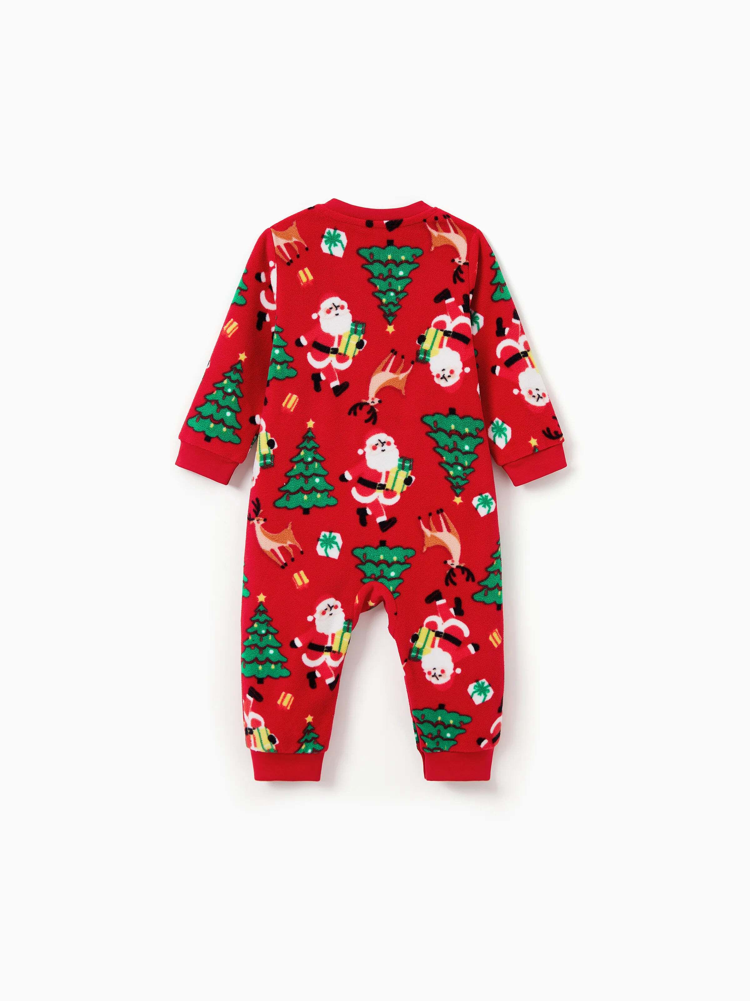 Christmas Matching Family Pajamas Set Santa Claus and Christmas Tree Print Red Fleece PJS with Christmas Socks Red