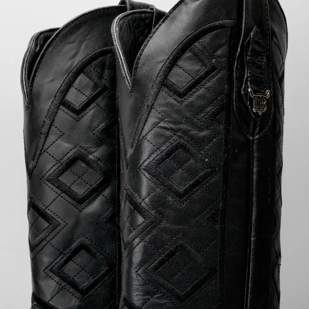 Black Caiman Neck Leather Boots - Square Toe