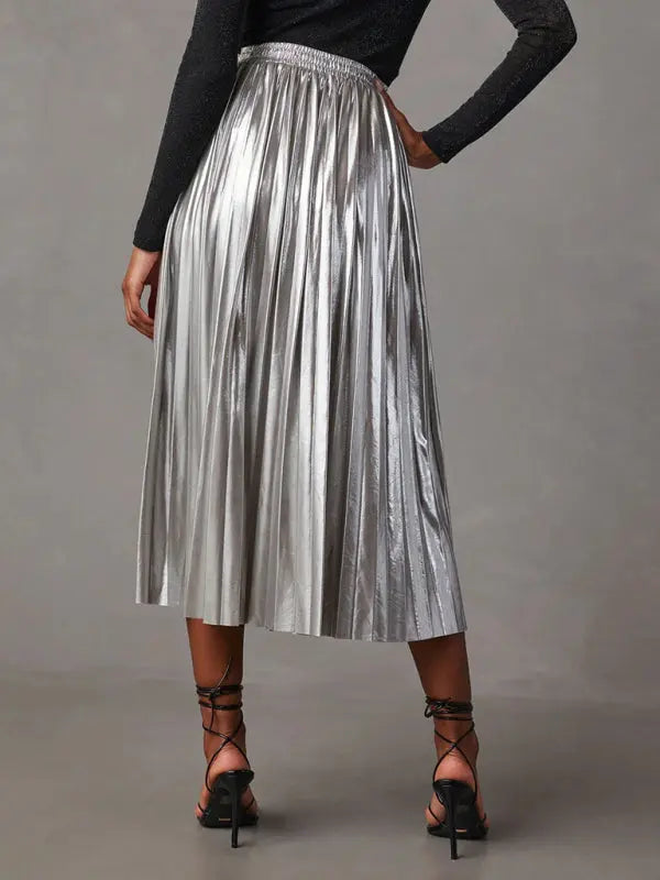 Shiny Pleated High-Waisted A-Line Midi Skirt