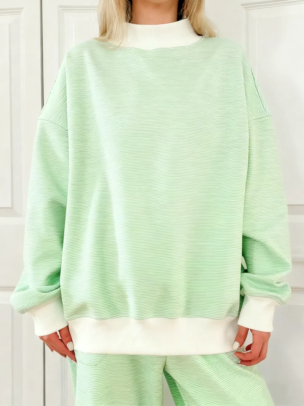 Blue and White Mini Striped Mockneck Sweatshirt