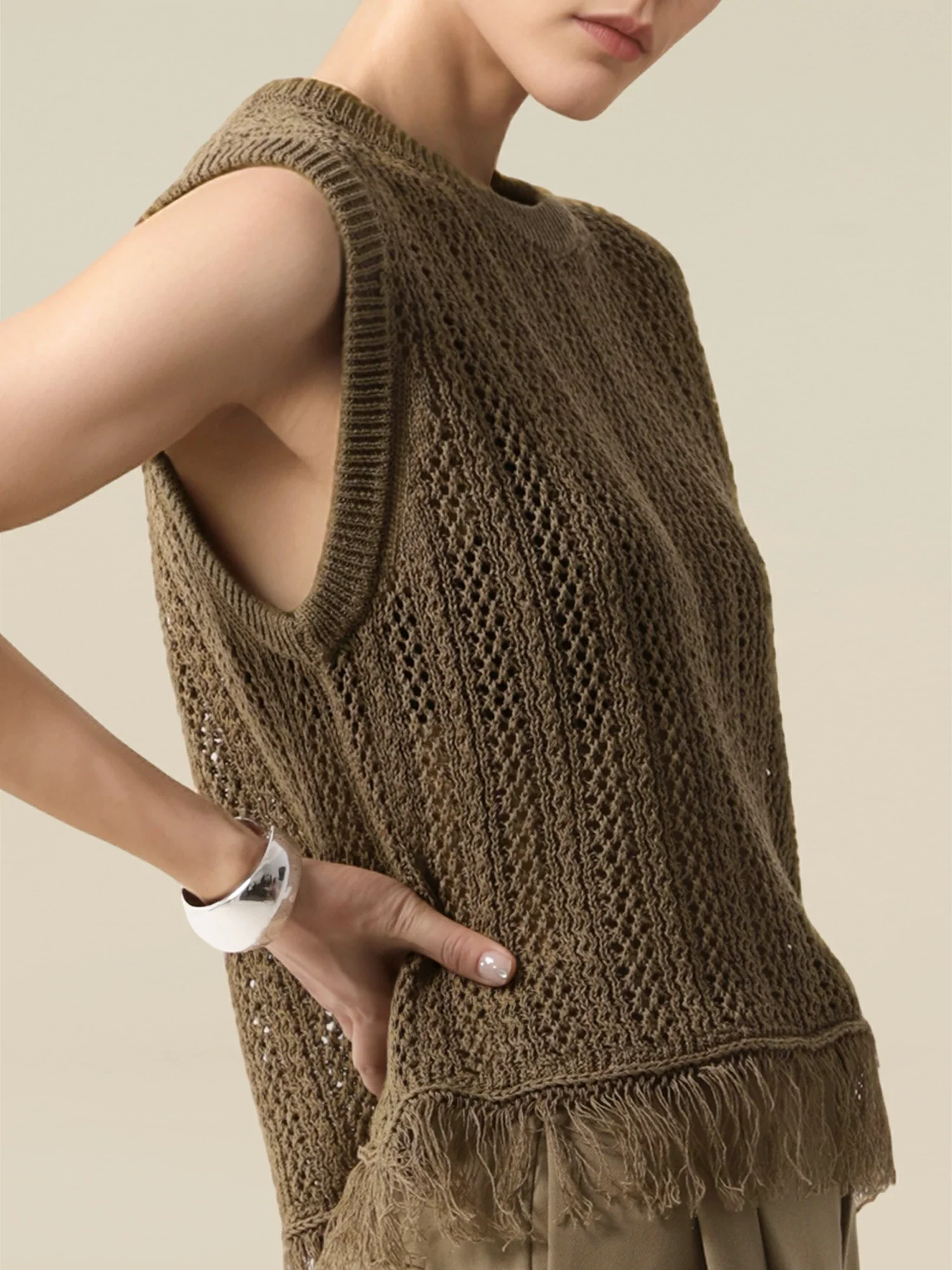 Lyocell & Silk Round Neck Sleeveless Fringe Vest