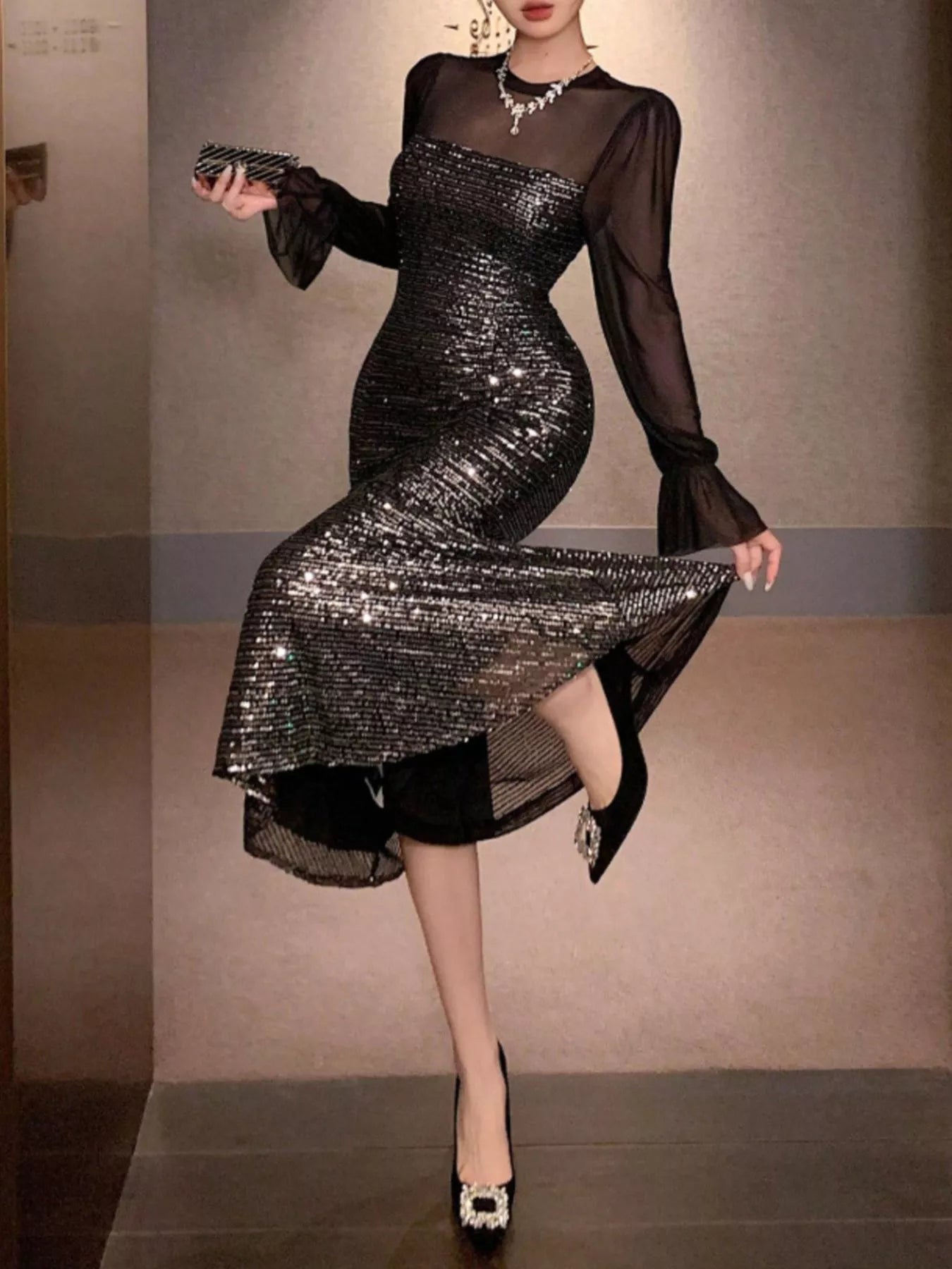 Sequin Sheer Sleeve Midi Dress