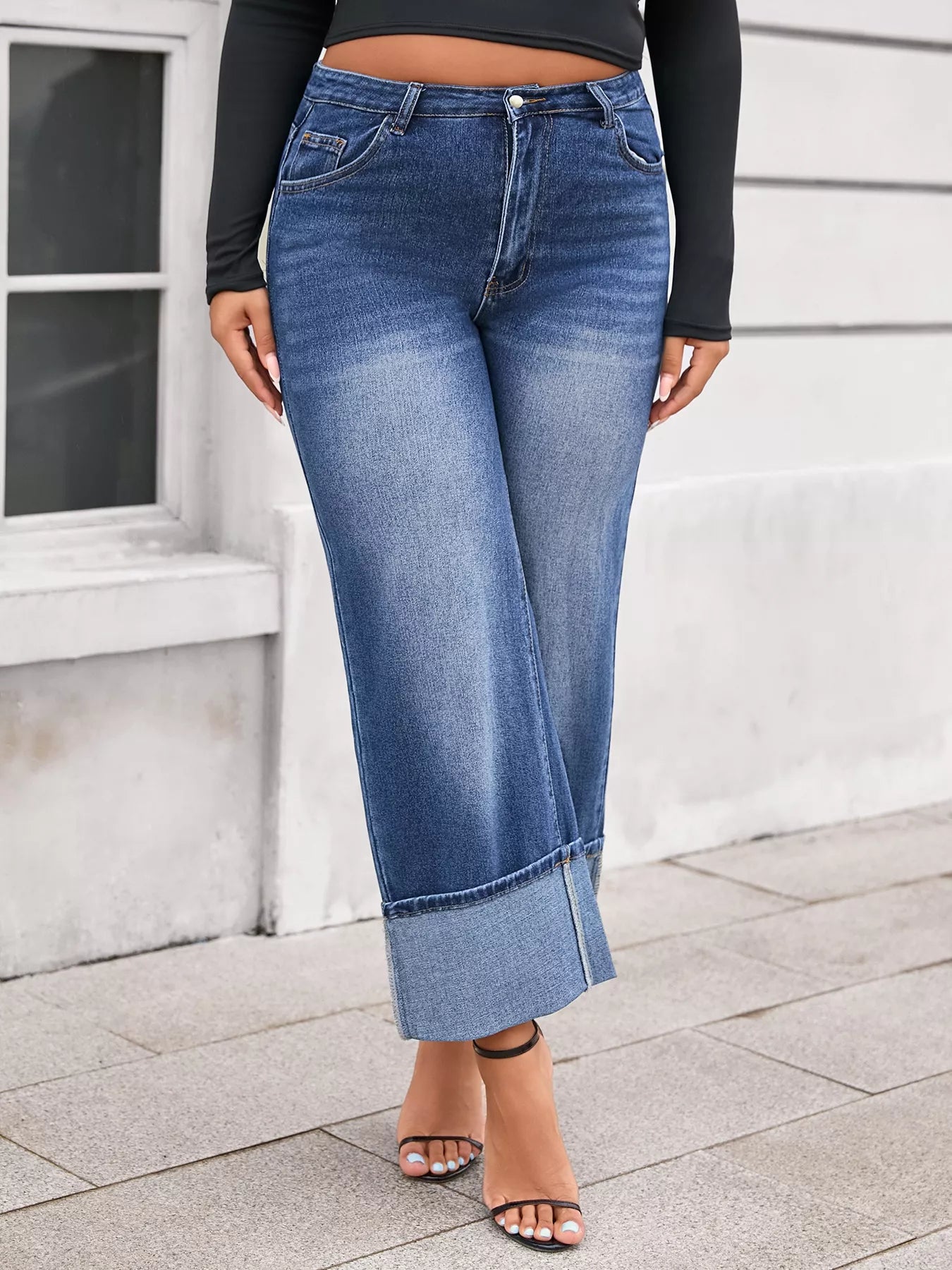 Plus Size High Waist Cuffed Wide Leg Jeans