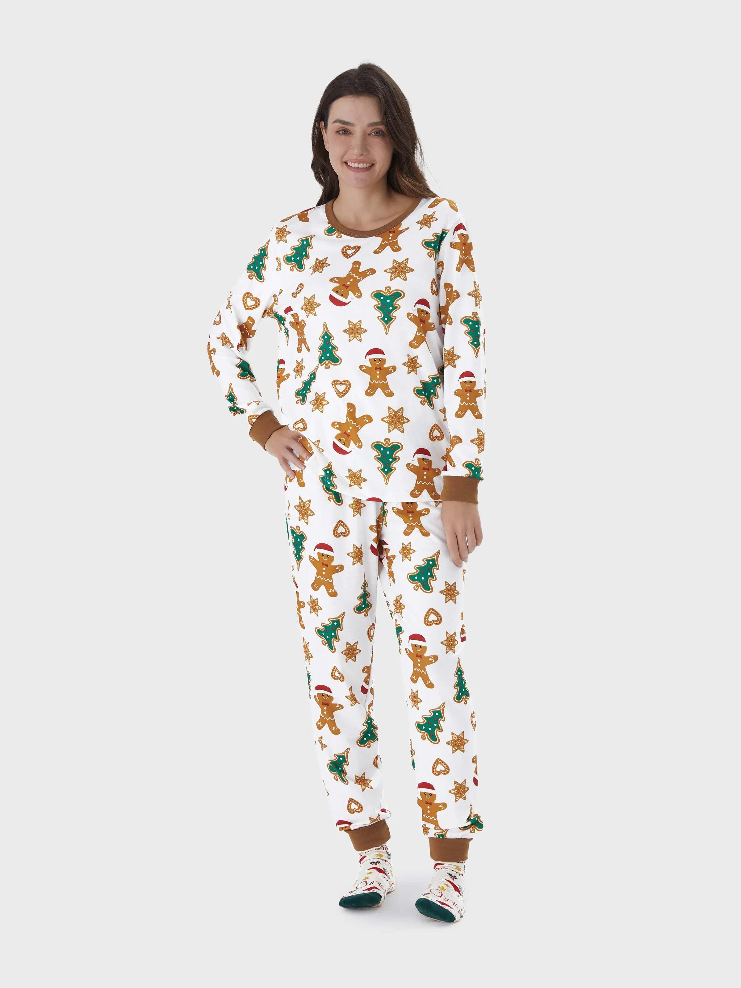 Christmas Family Matching Cartoon Gingerbread Man and Tree All-over Print Long-sleeve Pajamas Sets with Christmas Socks Coffee