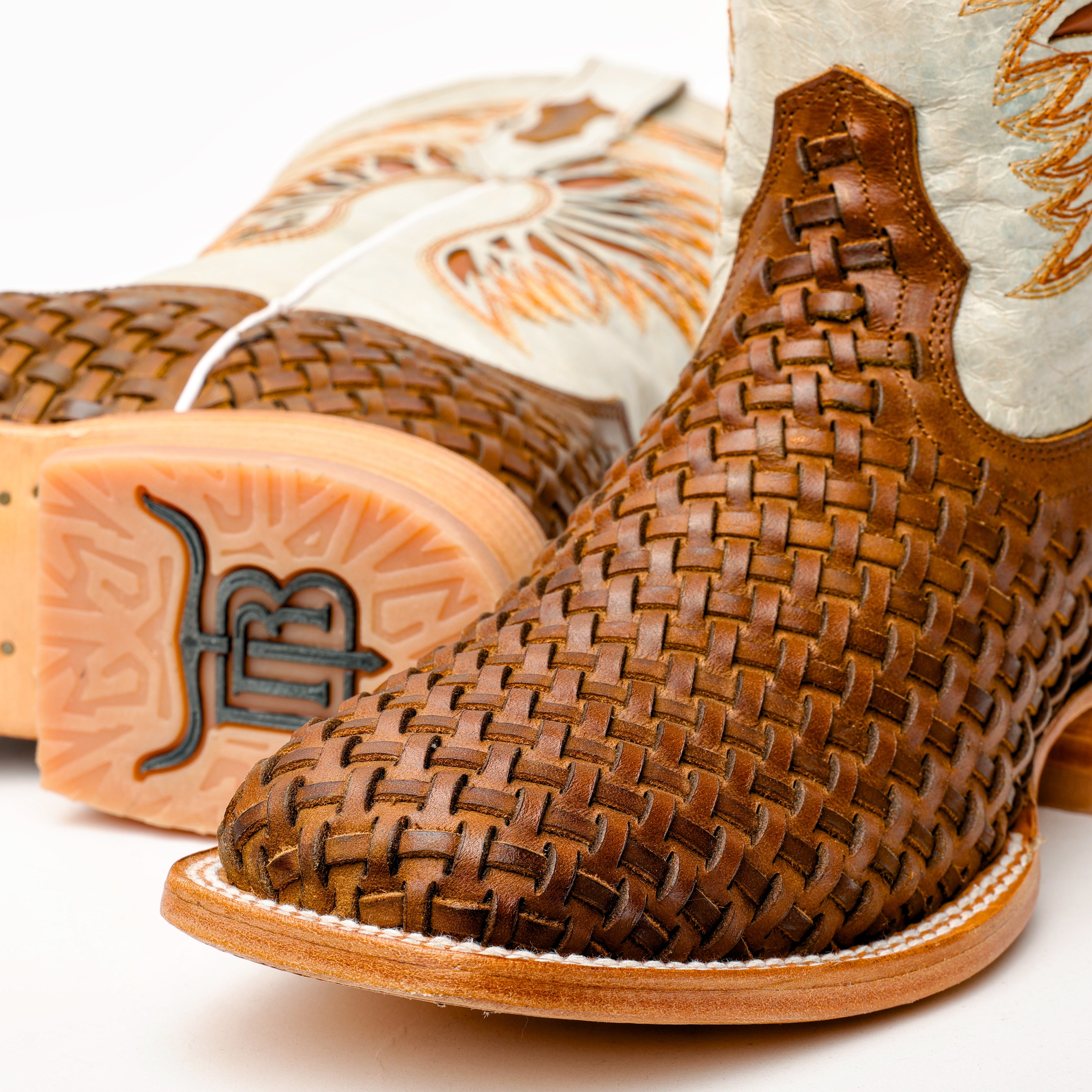 Tan Basketweave Leather Boots - Square Toe