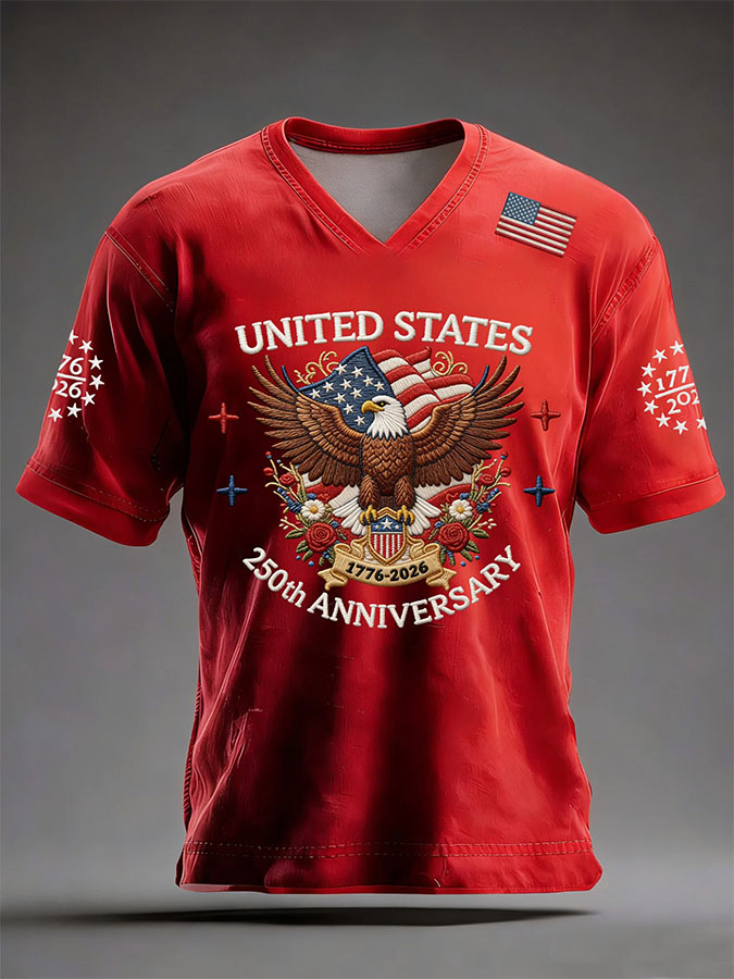 Men'S American Independence Day 250Th Anniversary Printed Short Sleeved V-Neck T-Shirt